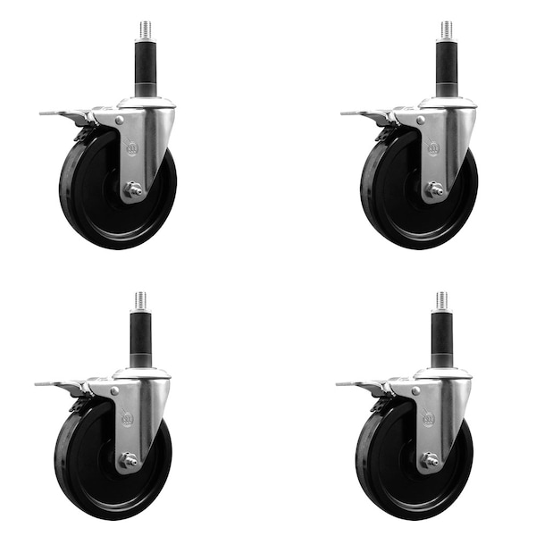 5'' SS Phenolic Swivel 1'' Expanding Stem Caster Set Total Lock Brake, 4PK